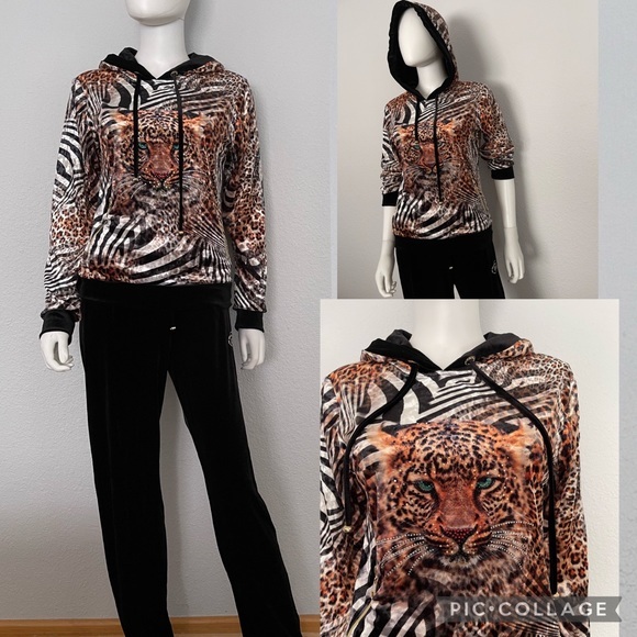 ESE Pants - NWT WOMEN VELOUR TRACKSUIT 2PC SET PULLOVER/BLACK PANTS ANIMAL PRINT LOUNGEWEAR